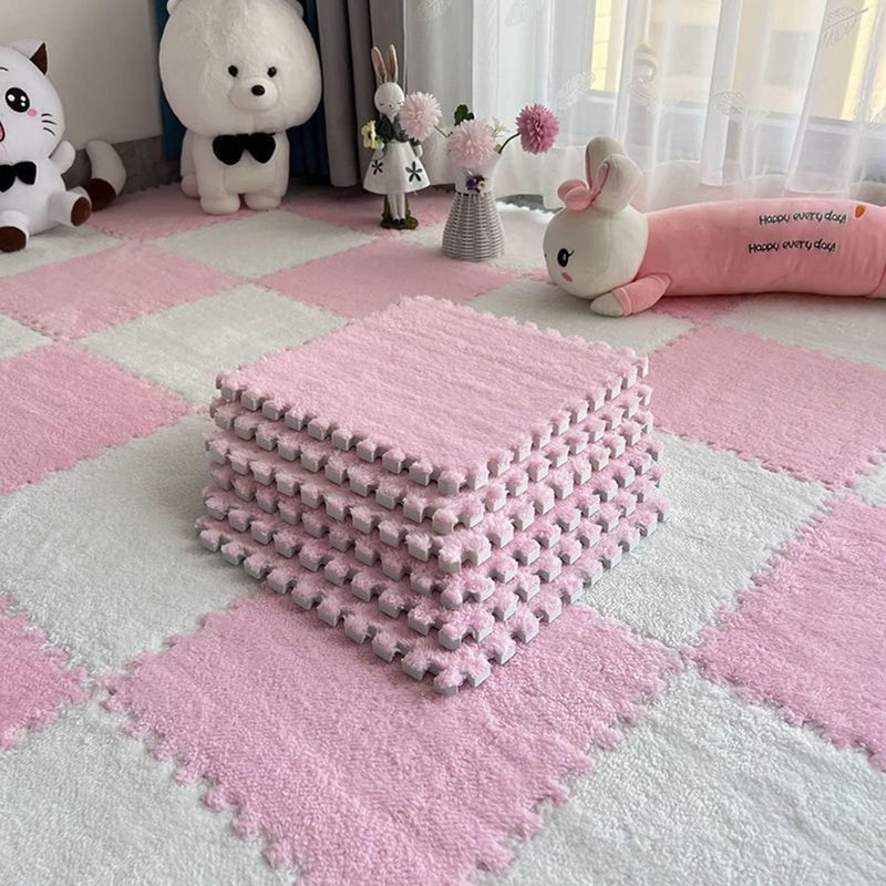 HUIDUO 12 Pcs Kids Foam Interlocking Carpet Tiles with Border, Thick Carpet Squares Plush Floor Playmats Baby Crawling Rug - 49" x 37" (Pink, 12 Tiles) - Image 5